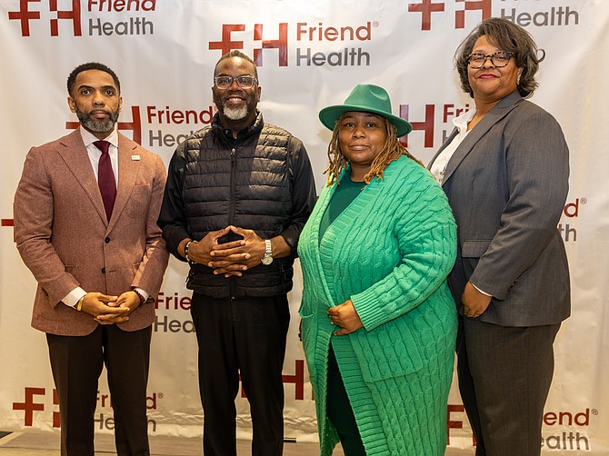 Sean Harden, Chairman Emeritus, Friend Health Board - Mayor Brandon Johnson - Alderwoman Jeanette Taylor, Chicago's 20th Ward - Wendy Thompson, CEO, Friend Health. Photo provided by Purpose Brand.
