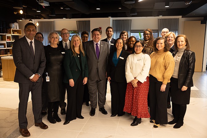 Ameya Pawar, Michael Reese Health Trust staff and board, and Governor JB Pritzker at the launch of the Prairie State Access Fund to support reproductive health access in Illinois on January 28, 2026. Photo provided by Michael Reese Health Trust