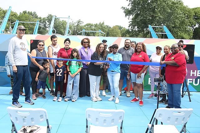 Mayor Toleda Hart, joined by elected officials and community leaders, at the ribbon cutting ceremony to the new outdoor fitness court at Arquilla Park. Photo provide by Village of Glenwood.