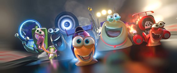 Turbo (center, played by Ryan Reynolds) and the Racing Snails race to glory.