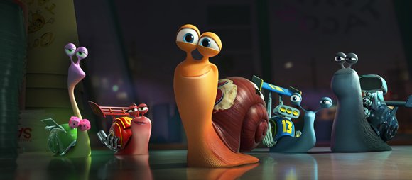 Turbo (center, voiced by Ryan Reynolds) makes some fast friends who become his trusted pit crew.