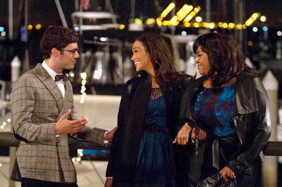 Adam Brody as “Sam,” Paula Patton as “Montana Moore” and Jill Scott as Gail” in “Baggage Claim.”