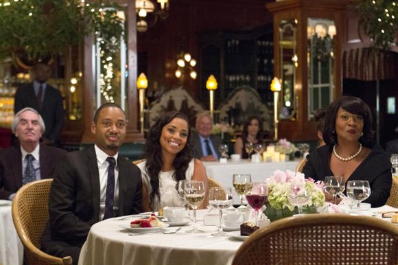 Terrence J as “Sheree’s Fiance,” Lauren London as “Sheree” and Jenifer Lewis as “Catherine” in “Baggage Claim.”
