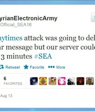 The Syrian Electronic Army, loyal to Syrian President Bashar Al-Assad, has been behind multiple attacks on media websites in recent months and, on Twitter, took credit for a sophisticated hack that had hobbled the New York Times' website for roughly 20 hours. "The @nytimes attack was going to deliver an anti-war message but our server couldn't last for 3 minutes," the group posted on its Twitter feed at about 9:40 Wednesday morning.