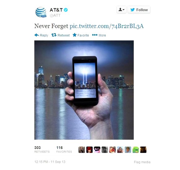 Yet another corporate social media #fail. AT&T quickly deleted a tweet on Sept. 11 after drawing ire from Twitter users ... Yet another corporate social media #fail. AT&T quickly deleted a tweet on Sept. 11 after drawing ire from Twitter users ...