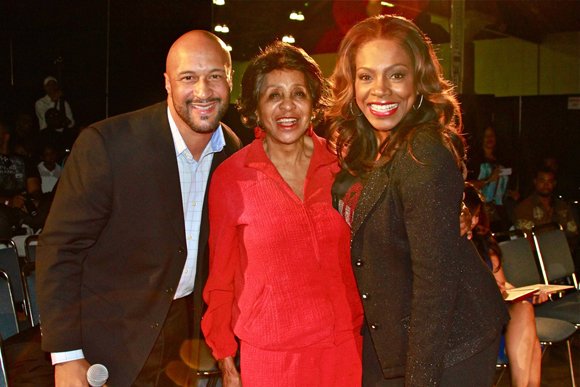 Fashion show hosts Kevin Nash and Sheryl Lee Ralph from left, join veteran actress Marla Gibbs at the WCE fashion extravaganza.