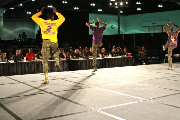 Members of Omega Psi Psi Fraternity Inc. during their step routine.