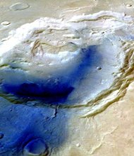 This is a 3-D image of Eden Patera, which was made using data from the High Resolution Stereo Camera aboard the Mars Express Orbiter.