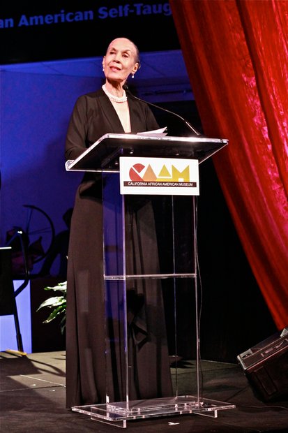 Dancer and L.A. native, Carmen De Lavallade speaks to the audience after receiving a Lifetime Achievement Award for herself and her husband felllow honoree, Geoffrey Holder, at CAAM annual cala.