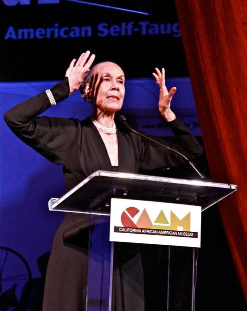Dancer and L.A. native, Carmen De Lavallade speaks to the audience after receiving a Lifetime Achievement Award for herself and her husband felllow honoree, Geoffrey Holder, at CAAM annual cala.