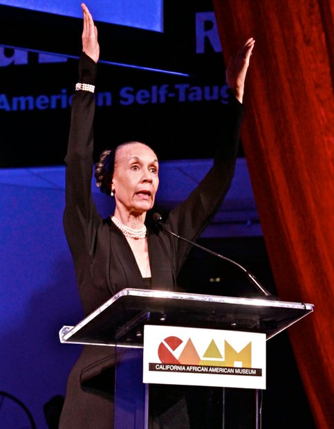 Dancer and L.A. native, Carmen De Lavallade speaks to the audience after receiving a Lifetime Achievement Award for herself and her husband felllow honoree, Geoffrey Holder, at CAAM annual cala.