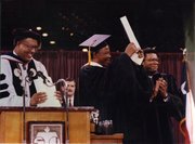 Then TSU President William Harris and Board Chairman Rufus Cormier are shown after awarding the Honorary Degree from Texas Southern University, to Mandela