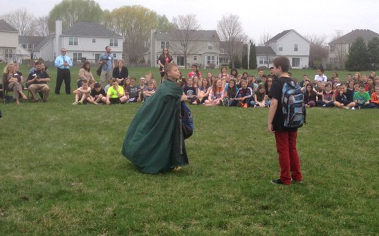 Students put on skits about saving trees, recycling and the environment as part of the Arbor Day celebration.