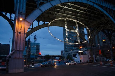Custom LED and plasma lights were used in its construction of the H in Harlem.