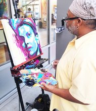 Raymond Thomas, current Bronzeville resident, participated in Bronzeville Nights, a series of events designed to support local businesses in Chicago's Bronzeville community, for the first time this year by painting murals (for sale) while standing on the sidewalk in front of Bronzeville Artist Lofts, 432 E. 47th.