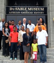 Row 1 - Demetrius Ford (Back Left) Andrea Reed,Donna Jones, Ward Miller, Joyce Chapman,
Row 2  - Joyce Jackson, U.S. Congresswoman Robin Kelly (IL-2nd), Larry Lawrence pose for a picture in front of the DuSable Museum of African-American History, 740 E. 56th Pl. during the 50th Anniversary of Freedom Summer commemoration bus tour.  