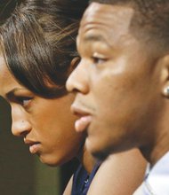 Ray Rice still has the support of his wife, Janay. The couple is seen here speaking about the now infamous incident in which he knocked her out in a hotel elevator. He was fired from the Baltimore Ravens this week after the complete video of the incident was made public.  