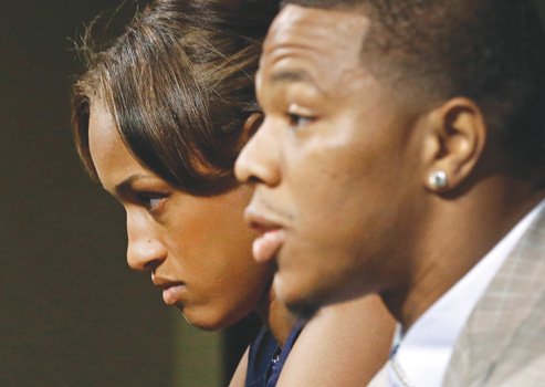 Ray Rice still has the support of his wife, Janay. The couple is seen here speaking about the now infamous incident in which he knocked her out in a hotel elevator. He was fired from the Baltimore Ravens this week after the complete video of the incident was made public.  