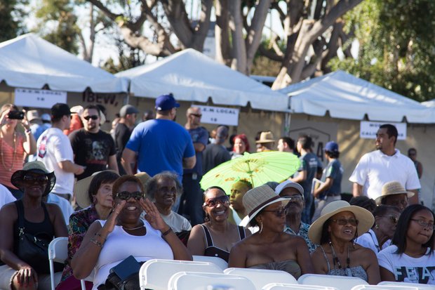 Onlookers cheer for the Michael Ward Band and Masta and the Edge of Soul at IBEW Local 18 and Baldwin Hills Crenshaw’s Union Job Expo and Celebration which congratulated graduates of the IBEW Local 18 & Utility Pre-Craft Training Program.
