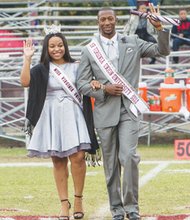 Mr. and Miss VUU, Wesley Arthur and Tiera Sedden, are introduced during the homecoming football game against Lincoln University. 