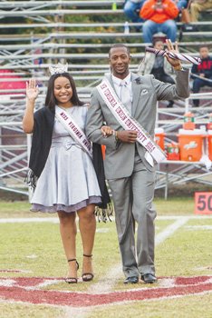 Mr. and Miss VUU, Wesley Arthur and Tiera Sedden, are introduced during the homecoming football game against Lincoln University. 