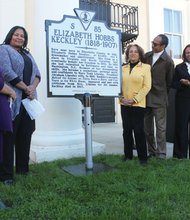 Viewing Elizabeth Hobbs Keckley’s historical marker after its unveiling, from left: The Rev. Evelyn Franklin; historian Elvatrice Belsches; Daphne Maxwell Reid and Tim Reid, owners of New Millennium Studios; and Dr. Lauranett Lee of the Virginia Historical Society.