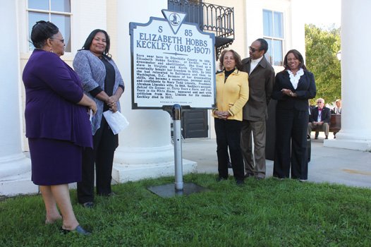 Viewing Elizabeth Hobbs Keckley’s historical marker after its unveiling, from left: The Rev. Evelyn Franklin; historian Elvatrice Belsches; Daphne Maxwell Reid and Tim Reid, owners of New Millennium Studios; and Dr. Lauranett Lee of the Virginia Historical Society.