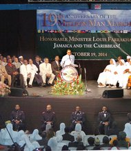 Minister Louis Farrakhan addresses the nation of Islam members and other participants in Kingston, Jamaica, marking the 19th anniversary of the Million Man March.