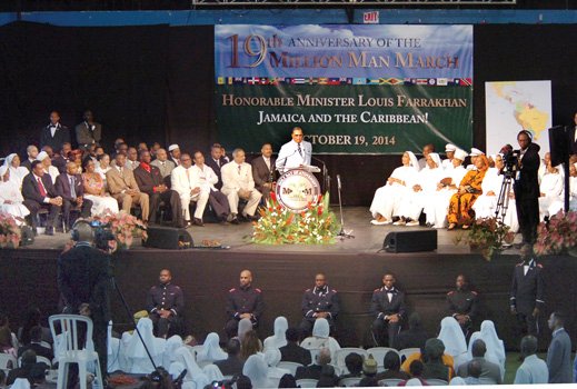 Minister Louis Farrakhan addresses the nation of Islam members and other participants in Kingston, Jamaica, marking the 19th anniversary of the Million Man March.