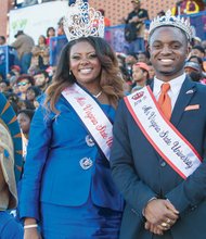 Machele Sanders, Miss VSU, and Danté Wright, Mr. VSU, flash winning smiles at Saturday’s football game between the host Trojans and Lincoln (Pa.) University. 