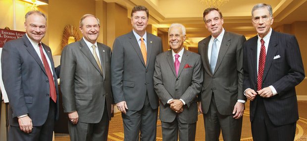 Former Virginia governors, from left, Tim Kaine, Jim Gilmore, George Allen, Doug Wilder, Mark Warner and Chuck Robb.
