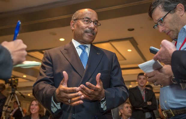 Ed Welburn, Vice President, Global Design at General Motors, speaks with reporters after delivering the keynote address at Ward's Auto Interiors Conference in Dearborn, Michigan. Courtesy of General Motors. 