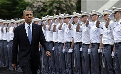  In this May 28, 2014, file photo, President Barack Obama arrives to deliver the commencement address to the U.S. Military Academy at West Point's Class of 2014, in West Point, N.Y. As Obama makes the case for U.S. airstrikes in Iraq, he’s drawing on a use of force doctrine he outlined less than three months ago, when the potential for deploying the military overseas appeared to be something he was trying to avoid. In a May speech at the U.S. Military Academy, Obama said he would use military force under two scenarios: a direct threat against Americans or U.S. interests and a humanitarian crisis on a scale that he said would “stir the conscience.”(AP Photo/Susan Walsh, File)