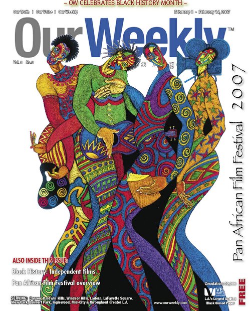 Artist Charles Bibbs was commissioned by Pan African Film Festival (PAFF) director Ayuko Babu to create art for the 2007 event. This work, “In Living Color,” represented African American art, literature, music and film. PAFF’s goal is to present and showcase the broad spectrum of Black creative works, particularly those that reinforce positive images and help destroy negative stereotypes.