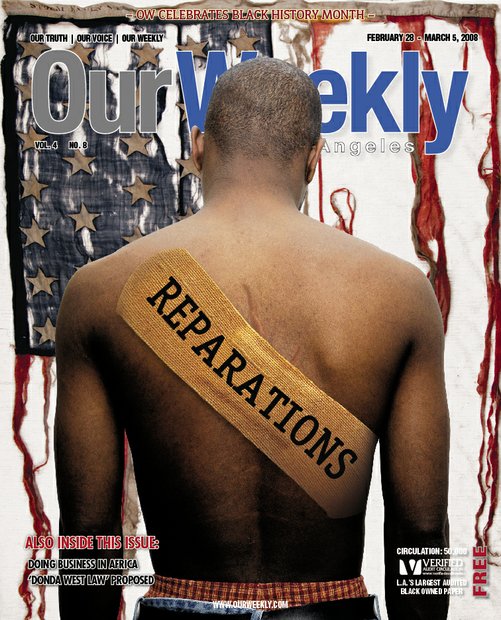 Although OW agrees that reparations for slavery are deserved and long overdue, this cover served to say that anything we recieve would only be placing a band-aid over a clot-less, a festering wound.