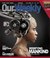 Inspiration for this cover came from a Cornell University study which stated that the Black gene is dominant. This photo is OW’s interpretation of what humans of the future will look like. The headgear was made from an old pair of headphones, VHS tape spool, television parts, and printer ink cartridges. It was used by the Smithsonian Magazine as cover art and was designed by William Covington. Model is Star Brown.