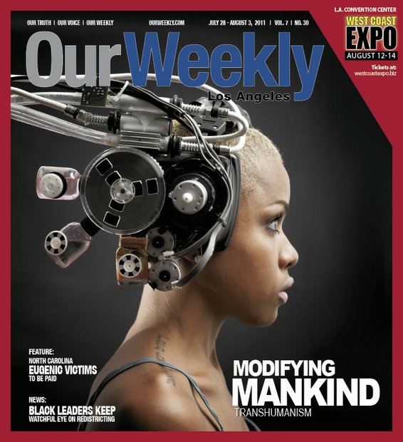 Inspiration for this cover came from a Cornell University study which stated that the Black gene is dominant. This photo is OW’s interpretation of what humans of the future will look like. The headgear was made from an old pair of headphones, VHS tape spool, television parts, and printer ink cartridges. It was used by the Smithsonian Magazine as cover art and was designed by William Covington. Model is Star Brown.