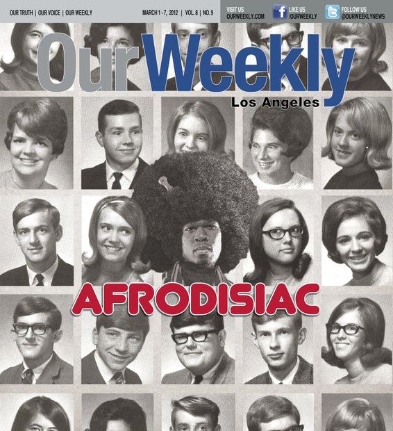 OW took 50 Cent, gave him a “super fro” and put him right in the middle of a Nebraska High School yearbook from the 1960s. We readjusted the eyes on a few of the female ‘classmates’ and it made the history of the Afro cover story a classic.
