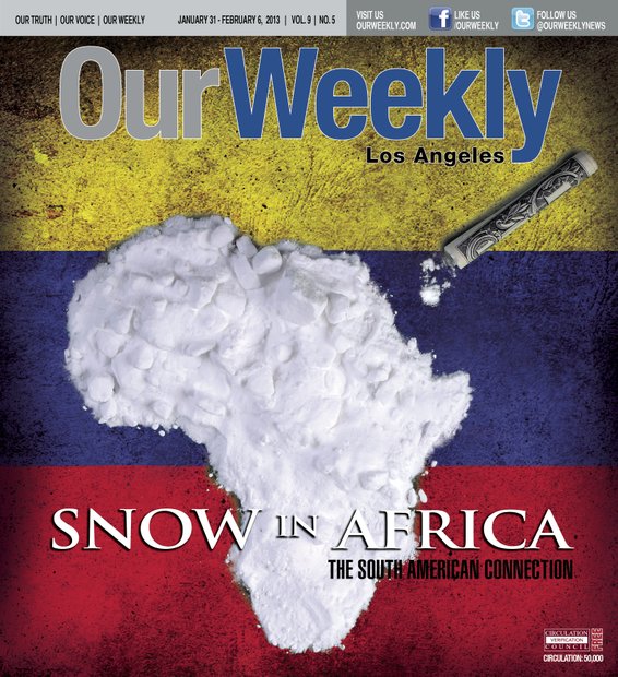 The African continent became a logistical staging area for South American cocaine prior to its destination “Western Europe.” This cover was designed during a live simulcast on Facebook. A cardboard cutout of Africa and a box of baking soda were used to create the image, Facebook friends were asked about the concept and a person of African heritage living in Spain guessed it.