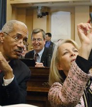 Newly elected members of the House of Delegates Joseph E. Preston of the 63rd District (Petersburg) and Kathleen Murphy of the 34th District (McLean) take a selfie on the opening day of the General Assembly, Jan. 14, 2015.