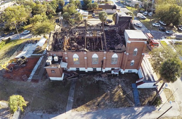 The shell of the burned out New Salem Missionary Baptist Church in Tampa, Fla., remains standing after being heavily damaged by an early morning fire Feb. 2. The church, led by Dr. Henry J. Lyons, has faced recent financial difficulty.