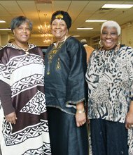 The Richmond Chapter of The Charmettes and their guests appear regal in their African attire at the organization’s annual gala fundraiser at a Henrico County recreation center last Saturday. Right, Richmond chapter leaders, from left, include Mamie Nunery, president; Frances Scott, vice president; Darlene Nunery, acting event chair; Delores Murray, fundraising chair; and Sala Dabney- Powell, entertainment coordinator. The event included dinner, entertainment and dancing. The event supports cancer treatment, research and education.