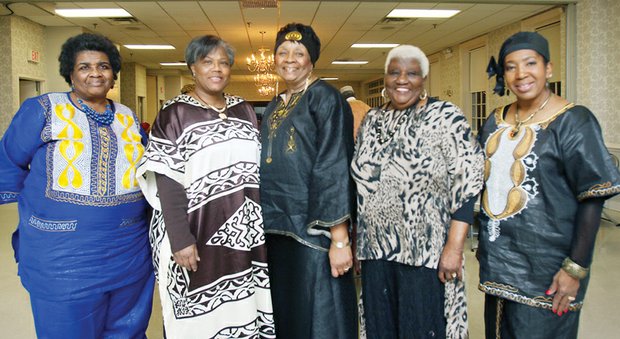 The Richmond Chapter of The Charmettes and their guests appear regal in their African attire at the organization’s annual gala fundraiser at a Henrico County recreation center last Saturday. Right, Richmond chapter leaders, from left, include Mamie Nunery, president; Frances Scott, vice president; Darlene Nunery, acting event chair; Delores Murray, fundraising chair; and Sala Dabney- Powell, entertainment coordinator. The event included dinner, entertainment and dancing. The event supports cancer treatment, research and education.