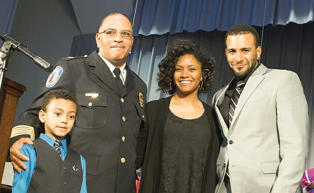 ￼￼￼Richmond’s new Police Chief Alfred Durham proudly stands with his family following his formal public swearing-in Feb. 27 at Coburn Hall on the campus of Virginia Union University. From left, they are his grandson, Aidan, 6; daughter, Alexis; and son, Alfred Jr.