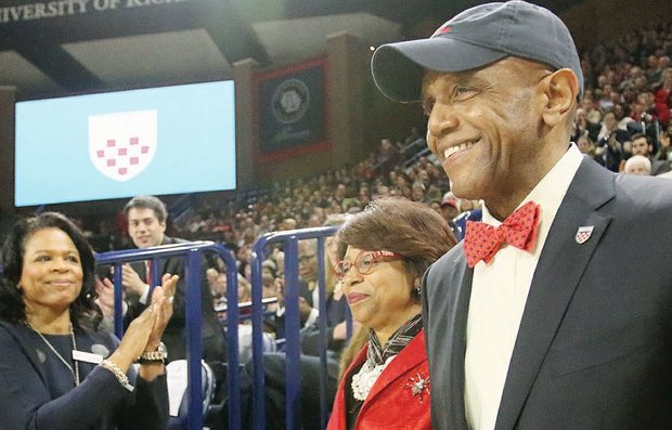 New University of Richmond President Ronald A. Crutcher and his wife, Betty, receive a standing ovation at his welcome ceremony at the Robins Center.