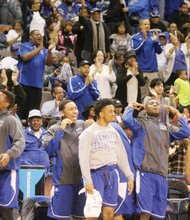 Hampton University’s men’s basketball team, shown above after winning Saturday’s MEAC Tournament in Norfolk, will suit up Thursday night against No. 1 Kentucky in NCAA Tournament play in Louisville.
