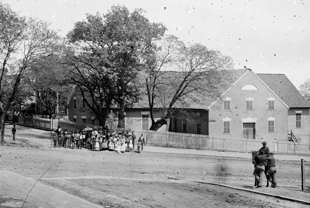 First African Baptist Church at Broad and College streets in 1865. Many African-Americans took refuge in the church, fearing they would be made into human shields by Confederates.
