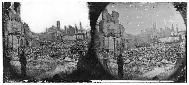 A swath of rubble and destruction through Richmond’s central district is visible in this stereograph by Alexander Gardner originally published in April 1865.