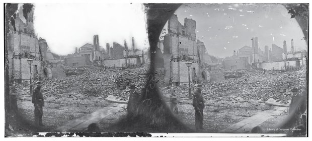 A swath of rubble and destruction through Richmond’s central district is visible in this stereograph by Alexander Gardner originally published in April 1865.