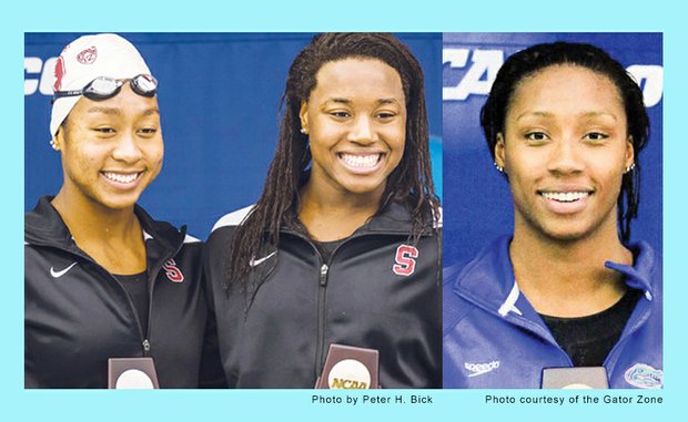 From left, Stanford University teammates Simone Manuel and Lia Neal and University of Florida’s Natalie Hinds share a historic moment at the Women’s Division I NCAA Swimming and Diving Championship in Greensboro, N.C. They became the first African-American swimmers to sweep the 100-yard freestyle event at the national championship event.